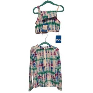 DSG Girls 3pc Swim Set Rash Guard Bikini Top Bottoms Tide Dye Multi Small 6-8